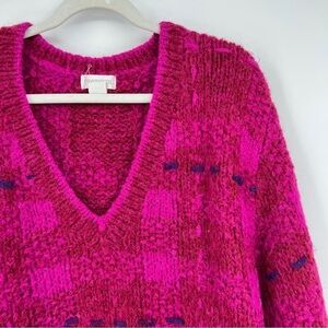Protocol Plaid Striped Pink V-Neckline Long Sleeves Knit Pink Boxy Sweater